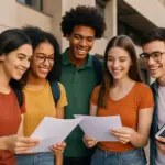 Grupo de jovens sorrindo e apontando para papéis sobre apoio financeiro do Pé-de-Meia