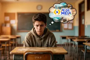 Estudante preocupado em sala de aula pensando no benefício Pé-de-Meia enquanto aguarda o pagamento de R$ 1.000 do programa para alunos do ensino médio.