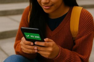 Estudante confere no celular o recebimento do pagamento do programa Pé-de-Meia em dezembro