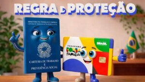 Ilustração da carteira de trabalho e cartão do Bolsa Família representando a Regra de Proteção do programa