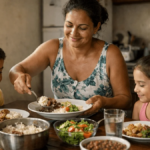 Mãe servindo comida para filhos em casa após receber Bolsa Família