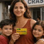 Mãe com filhos segurando cartão do Bolsa Família em frente ao CRAS