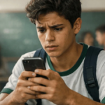 Estudante do ensino médio preocupado consultando benefício Pé-de-Meia no celular