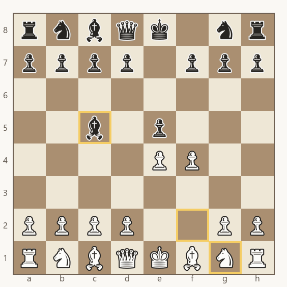 bispo preto em c5 recusando o gambito e mirando a diagonal que passa por f2 e g1