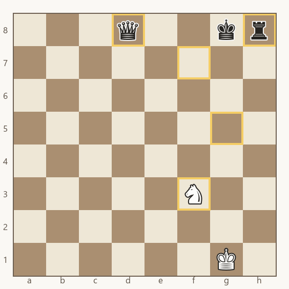 cavalo de f3 com rota de dois lances até f7, onde ataca a dama de d8 e a torre de h8