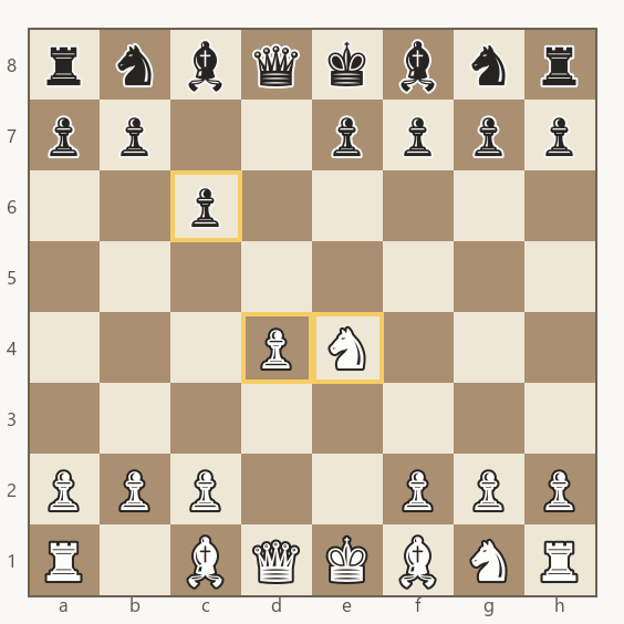 cavalo branco recapturando em e4 com o centro aberto e o peão preto de c6 segurando d5